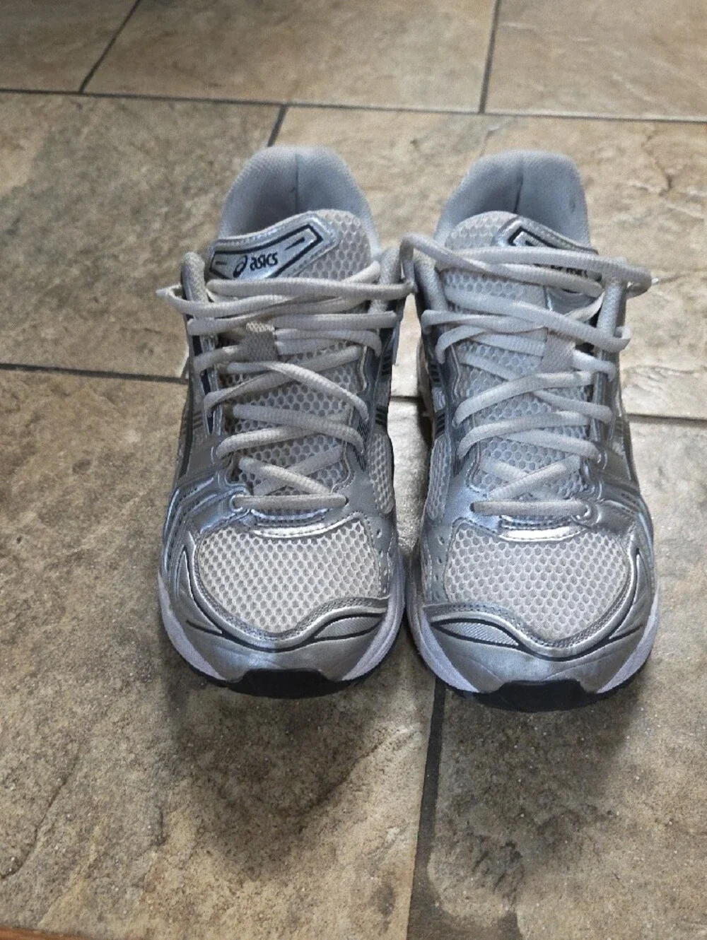 Asics Silver and White Mesh Running Shoes